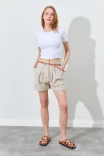 Kadın Taş Duble Paça Keten Şort