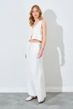 Kadın Ekru Bağlama Bluzlu Uzun Etekli Müslin Takım