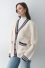 Women's Cream-Burgundy Cardigan with Pockets and Colorful Collar and Sleeves