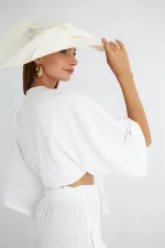 Kadın Ekru Yarasa Kol Ön Bağlamalı Gömlek