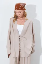 Kadın Koyu Bej Önü İp Bağlamalı Kimone Ceket