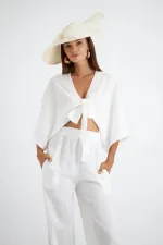 Kadın Ekru Yarasa Kol Ön Bağlamalı Gömlek