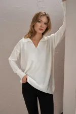 Kadın Ekru Gömlek Yaka Basic Triko Kazak