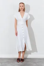 Women's Off-White Wrap-Neck Buttoned Modal Dress
