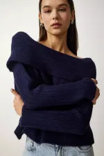 Kadın Lacivert Degaje Yaka Fitilli Triko Kazak