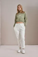 Women's Olive Resort Paris Print Three-Thread Crop Sweatshirt