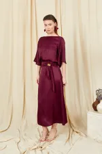 Kadın Mürdüm 9090 Kısa Kollu Düşük Kollu Eteği Gold Tokalı Saten Takım