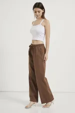 Kadın Kahve Beli Bağlamalı Geniş Piş Dikişli Paça Pantolon
