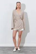 Kadın Koyu Bej Kruvaze Yaka İp Bağlamalı Ceket