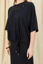 Kadın Siyah 164 Reglan Kollu Etek Ucu Bağlama Bluzlu Etekli Modal Takım