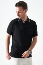 T-shirt homme noir à col boutonné en piqué modal