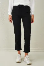 Pantalon de survêtement basique noir pour femme, taille élastique, ourlet droit, deux fils