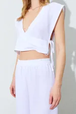 Kadın Ekru Kruveze Yaka Bağlamalı Müslin Takım