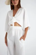 Kadın Ekru Yarasa Kol Ön Bağlamalı Gömlek