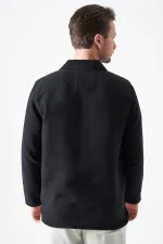 Erkek Siyah Uzun Kol V Ayaklı Yaka Regular Müslin Gömlek