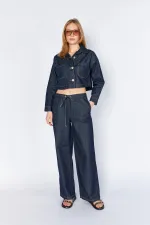 Women's Rins Wash Double Pocket Belted Loose Fit Jean Jacket and Pants Set
