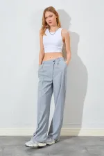 Kadın Gri Yan Düğmeli Poliviskon Pantolon