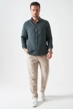 Erkek Çam Yeşili Uzun Kol Regular Basic Müslin Gömlek