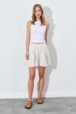 Kadın Taş Beli Lastikli Pileli Keten Şort