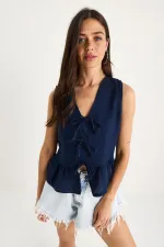 Kadın Lacivert Önü Bağlamalı Kolsuz Eteği Fırfırlı Muslin Bluz