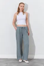 Women's Khaki Linen Wide-Leg Trousers with Drawstring Waist and Side Pockets