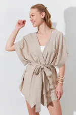 Kadın Koyu Bej Düşük Kol Kuşaklı Kimono