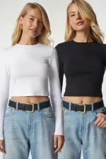 Kadın Siyah Uzun Kollu Bisiklet Yaka Crop Bluz