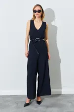 Kadın Siyah Sırtı Çapraz Bol Kesim Krep Tulum