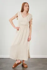 Kadın Taş V Yaka Omuzları Bağlamalı Müslin Kumaş Elbise
