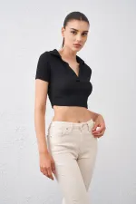 Kadın Siyah Polo Yaka Bürümcük Kumaş Crop
