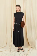 Kadın Siyah 117 Omuz Drapeli Pileli Uzun Etekli Takım