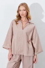 Kadın Vizon Derin V Yakalı Dirsek Kol Salaş Gömlek