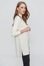 Kadın Ekru Önü Pencereli Triko Kazak