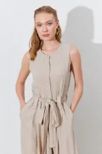 Kadın Koyu Bej Kolsuz Kuşak Bağlamalı Double Paça Tulum