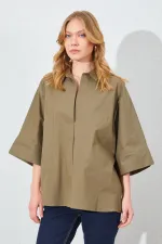 Kadın Haki Düşük Kol Önü Patlı Salaş Kesim Gömlek