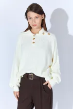 Kadın Kemik Şal Yaka Düğmeli Triko Kazak