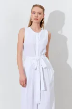 Kadın Beyaz Kolsuz Kuşak Bağlamalı Double Paça Tulum