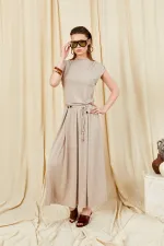 Kadın Vizon 117 Omuz Drapeli Pileli Uzun Etekli Takım