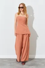 Kadın Kiremit Straplez Bluzlu Palazzo Pantolonlu Takım