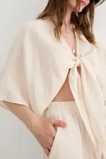 Kadın Taş Yarasa Kol Ön Bağlamalı Gömlek