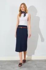 Kadın Lacivert İnce Kemerli Poliviskon Midi Boy Etek