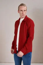 Chemise rouge à manches longues pour homme, coupe slim, sans poches, de style ottoman