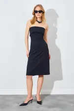 Kadın Siyah (1) Önü Katlı Straplez Krep Elbise