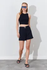 Kadın Siyah Beli Kendinden Kemerli Gabardin Şort