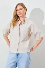 Kadın Taş Düşük Kol Tek Cepli Gömlek