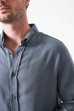 Erkek Antrasit Uzun Kol Regular Basic Müslin Gömlek