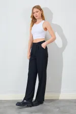 Kadın Siyah Yan Düğmeli Poliviskon Pantolon