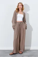 Kadın Toprak Beli Lastikli Palazzo Keten Pantolon