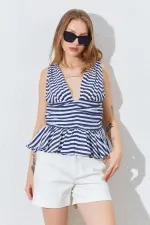 Kadın Lacivert Önü Arkası V Beli Drapeli Peplum Bluz