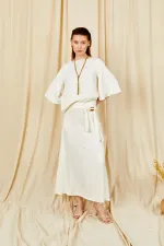 Kadın Krem 9090 Kısa Kollu Düşük Kollu Eteği Gold Tokalı Saten Takım